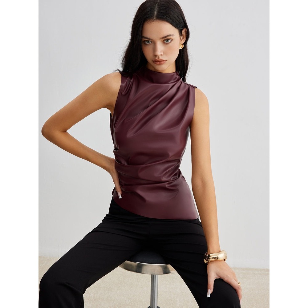 COMMENSE Burgundy Faux Leather Mock Neck Cinched Tank Top Size M
